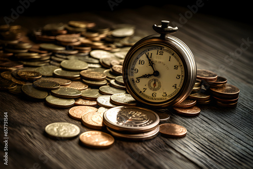 Clocks and golden coin, Time value wealth concept