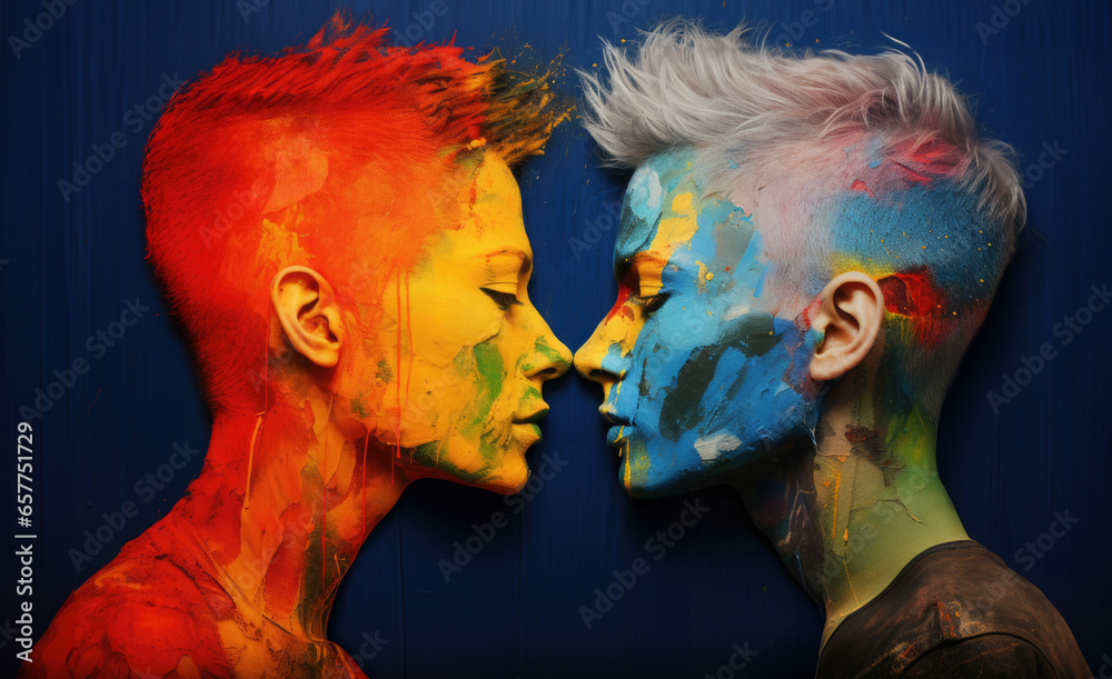Two women covered with rainbow paints looking at each other. LGBTQ concept