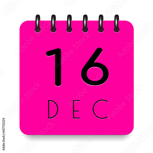 16 day of the month. December. Pink calendar daily icon. Black letters. Date day week Sunday, Monday, Tuesday, Wednesday, Thursday, Friday, Saturday. Cut paper. White background. Vector illustration.