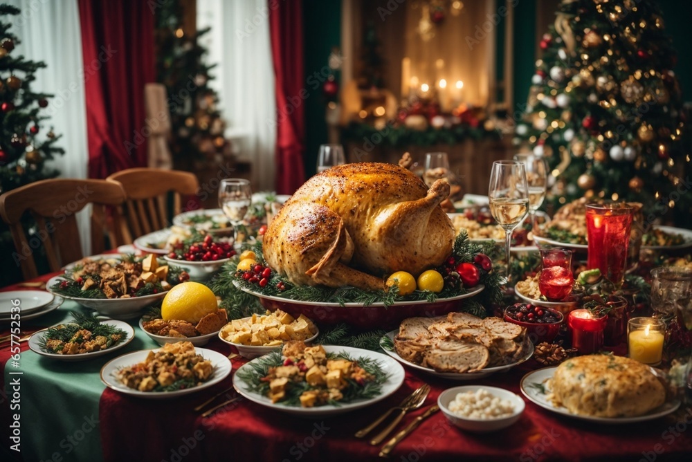 Christmas roasted turkey with cranberries and oranges on rustic wooden table