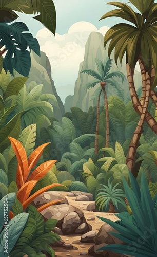 Tropical vintage landscape, rock, trees, palms, bush floral seamless border. Jungle botanical mural, Generative AI 