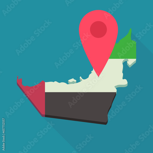 3D map of United Arab Emirates in United Arab Emirates flag colors in a flat design style on which a red map marker is positioned to indicate a geographic location