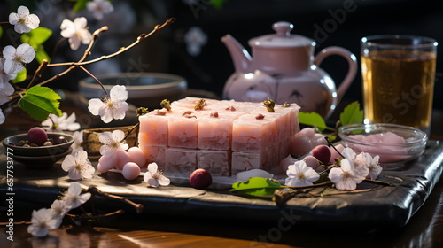Japanese dessert mochi with matcha green tea powder and cherry  japanese tea ceremony