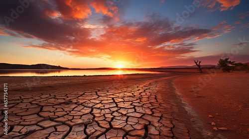 The sun sets setting over a lake it shows the dry cracks in lake bed. Generative Ai photo