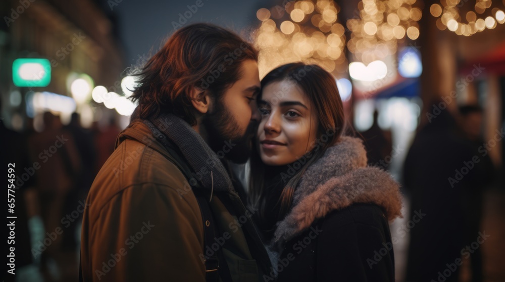 Young couple hugging each other on the city streets on New Year's Eve