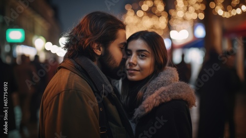 Young couple hugging each other on the city streets on New Year's Eve