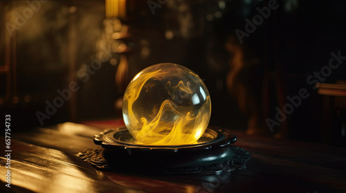 A yellow mystical crystal ball resting on a table in the dimly lit, enigmatic chamber of a fortune teller.