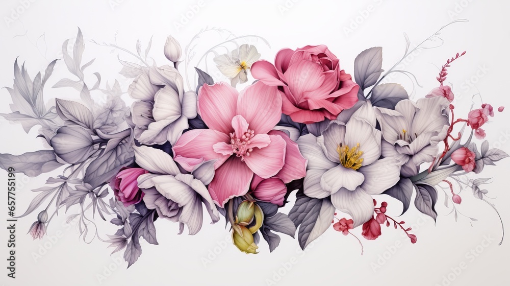 Delicate flowers curled together in pencil drawing style, beautiful and colorful