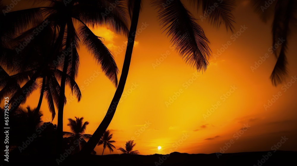 A beautiful sunset behind a tropical landscape with palm trees