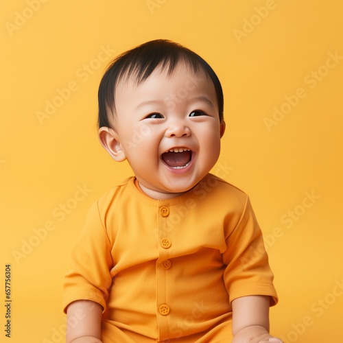 Portrait of happy asian baby in color clothing on color background, 16:9, copy space