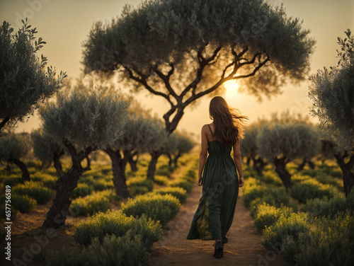 A woman with flowing hair walks between rows of olive trees at sunset. Back view.