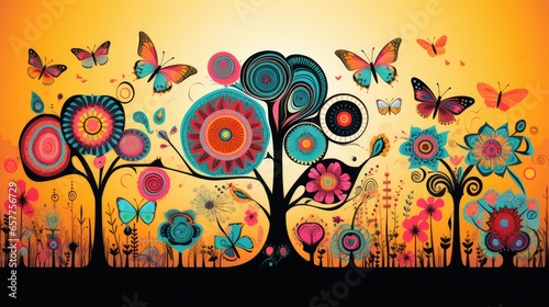 Graphic elements with trees  flowers  butterflies  bright colors