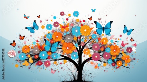 Graphic elements with trees, flowers, butterflies, bright colors © Praphan