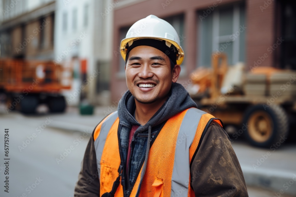 Fototapeta premium Portrait of a smiling young male construction worker