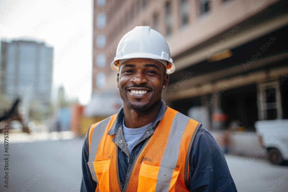 Portrait of young African American construction worker in the city - obrazy, fototapety, plakaty 
