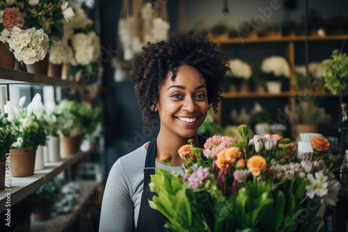 Portrait of a smiling young female florist in a flower shop © Geber86