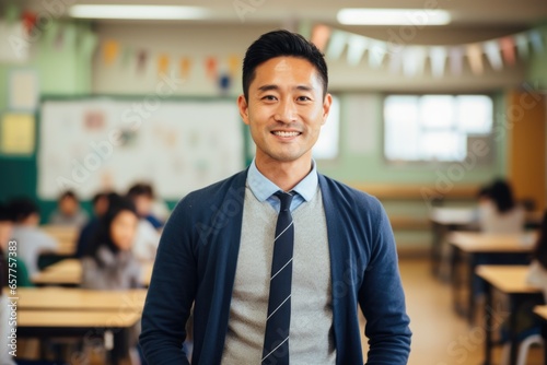 Portrait of a smiling young teacher posing in his classroom