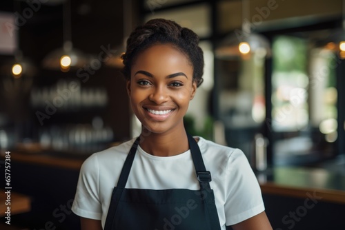 Portrait of a young waitress posing in the restaurant