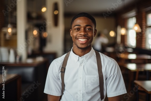 Portrait of a young waiter posing in the restaurant
