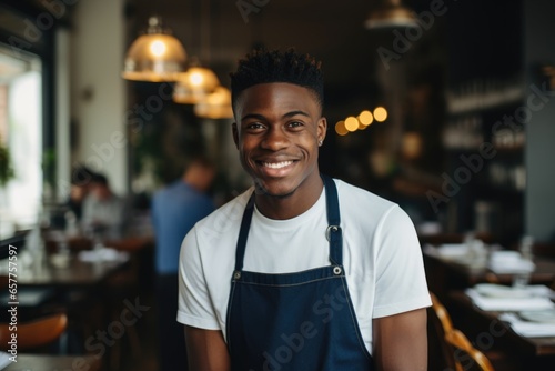 Portrait of a young waiter posing in the restaurant