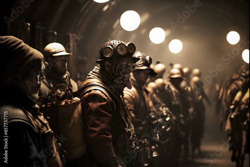 steampunk crowd delivery men in steel factory looking camera big backpack inline molten steel channel wideangle 20mm focal lens 18 dramatic light  photo