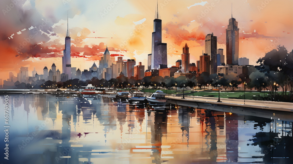 Obraz premium a watercolor big city skyline