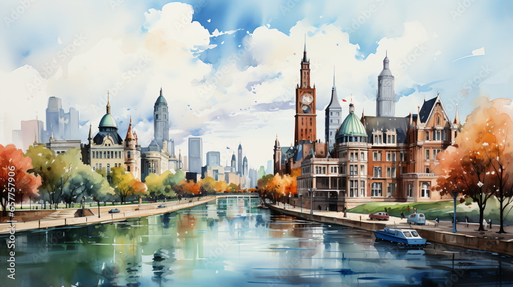 a watercolor big city skyline - obrazy, fototapety, plakaty 