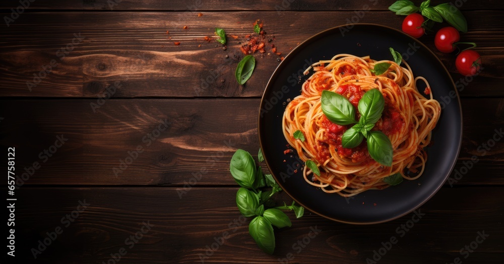 Spaghetti with tomato sauce and basil on wooden background. Top view, copy space, ai generative Spaghetti with tomato sauce and basil on wooden background. Top view, copy space, ai generative