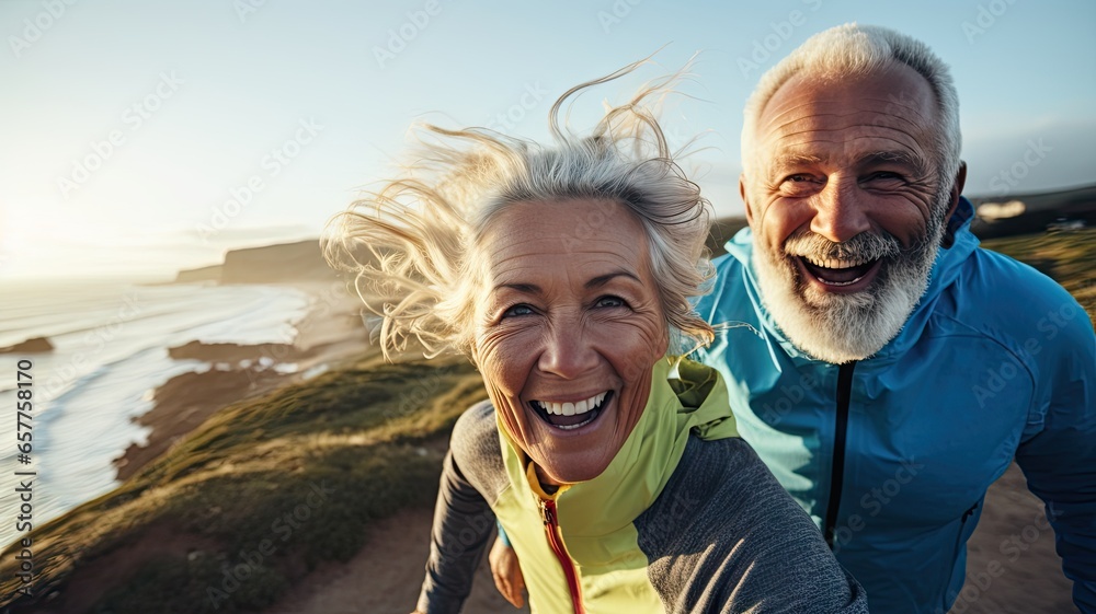 Senior couple jogging and walking on the beach and sea with sunset or sunrise sky background. - obrazy, fototapety, plakaty 
