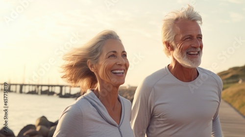 Senior couple jogging and walking on the beach and sea with sunset or sunrise sky background.