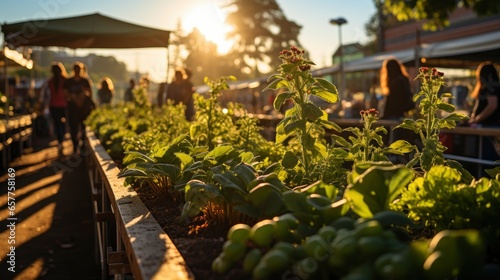 Vibrant City Farmers Market Scene - Bustling Stalls Selling Fresh Green Foods, Embodying Healthy & Green Life, AI-Generated