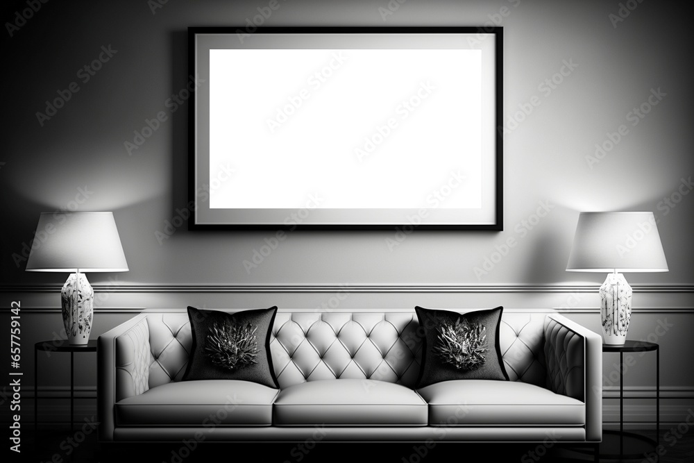 Horizontal black frame mockup with white mat above sofa, monochromatic, AI-generative Horizontal black frame mockup with white mat above sofa, monochromatic, AI-generative
