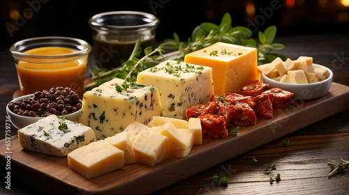 various types of cheese in wooden box on white wooden table, top view