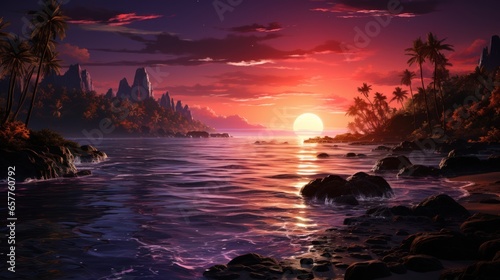 Magical natural landscape with bright colors  pink sunset  sea  alluring clouds. Illustration in cartoon style.