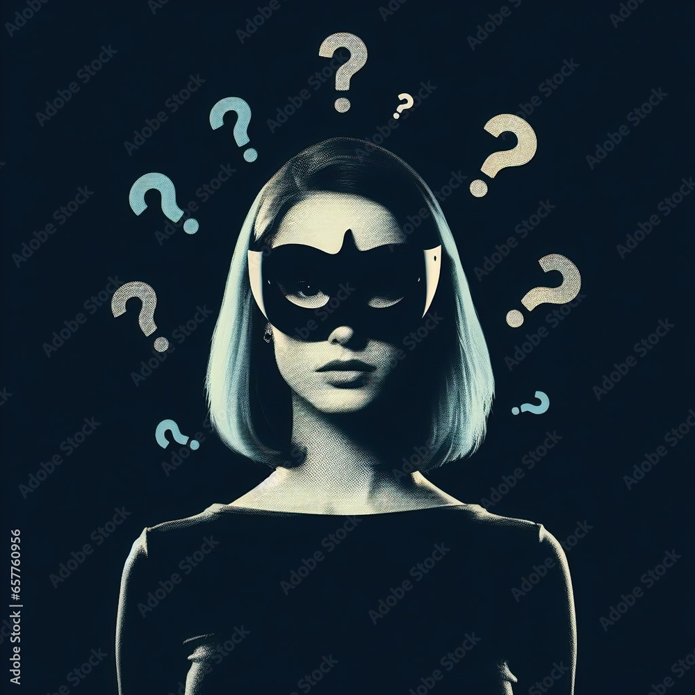 A portrait of a woman, wearing a mask and hiding her face, with ...