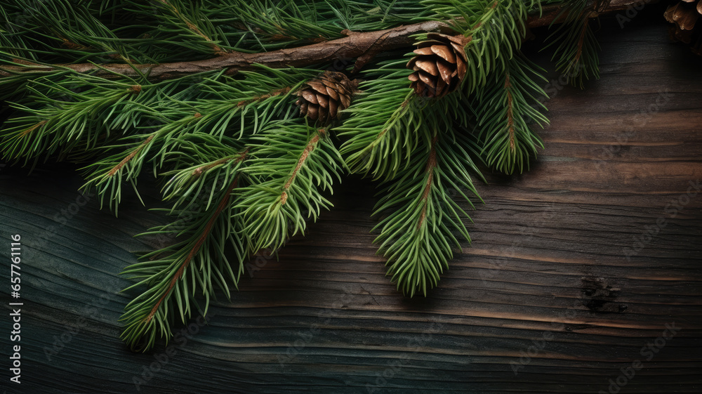 Rustic Wooden Background with Spruce Branch Rustic Wooden Background with Spruce Branch
