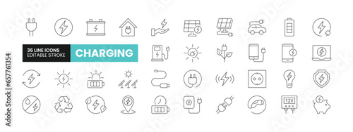 Set of 36 Charging line icons set. Charging outline icons with editable stroke collection. Includes Solar Energy, Battery, Mobile Charging, Power Bank, EV Charging, and More.