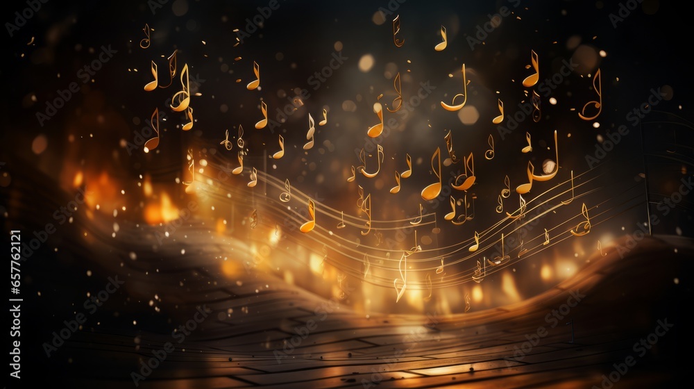 "Capturing the essence of music, this vibrant image showcases musical notes in graceful flight, emerging from a sheet of notation. The dynamic movement of the notes evokes a symphony of sound! AI  - obrazy, fototapety, plakaty 