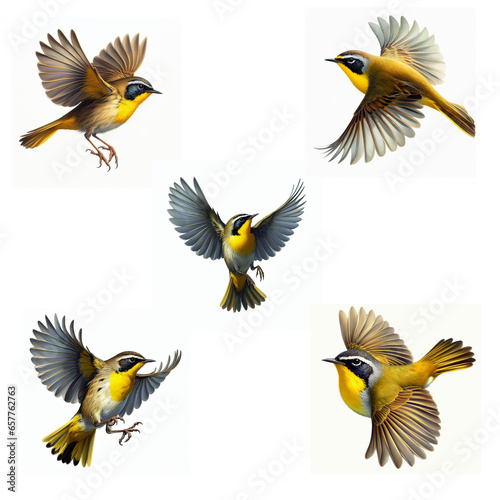 A set of flying Common Yellowthroats isolated on a white background photo