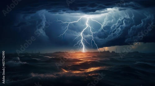 Lightning over the sea ocean. Storm lightning. A huge branched lightning strikes the sea with a reflection in the water. Beautiful landscape. Rainy weather forecastю © Irina