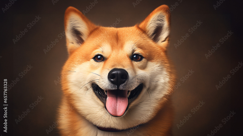 Close-up shot of smiling Shiba on the brown backdrop background