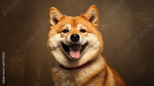 Close-up shot of smiling Shiba on the brown backdrop background