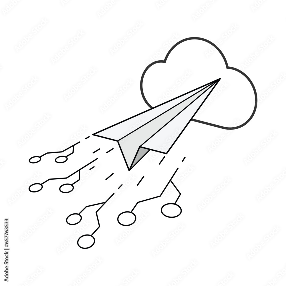 Paper plane with digital circuit as speed motion fly into cloud icon