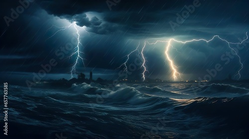 Lightning over the sea ocean. Storm lightning. A huge branched lightning strikes the sea with a reflection in the water. Beautiful landscape. Rainy weather forecastю