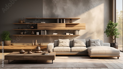 Interior of living room with green houseplants and sofas