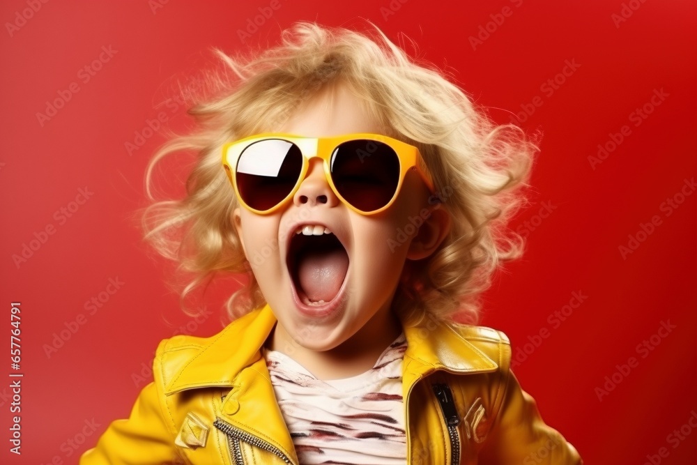 Adorable Chic: Baby Girl Expresses Surprise, Posing with Cute Sunglasses and a Sparkling Gaze Adorable Chic: Baby Girl Expresses Surprise, Posing with Cute Sunglasses and a Sparkling Gaze