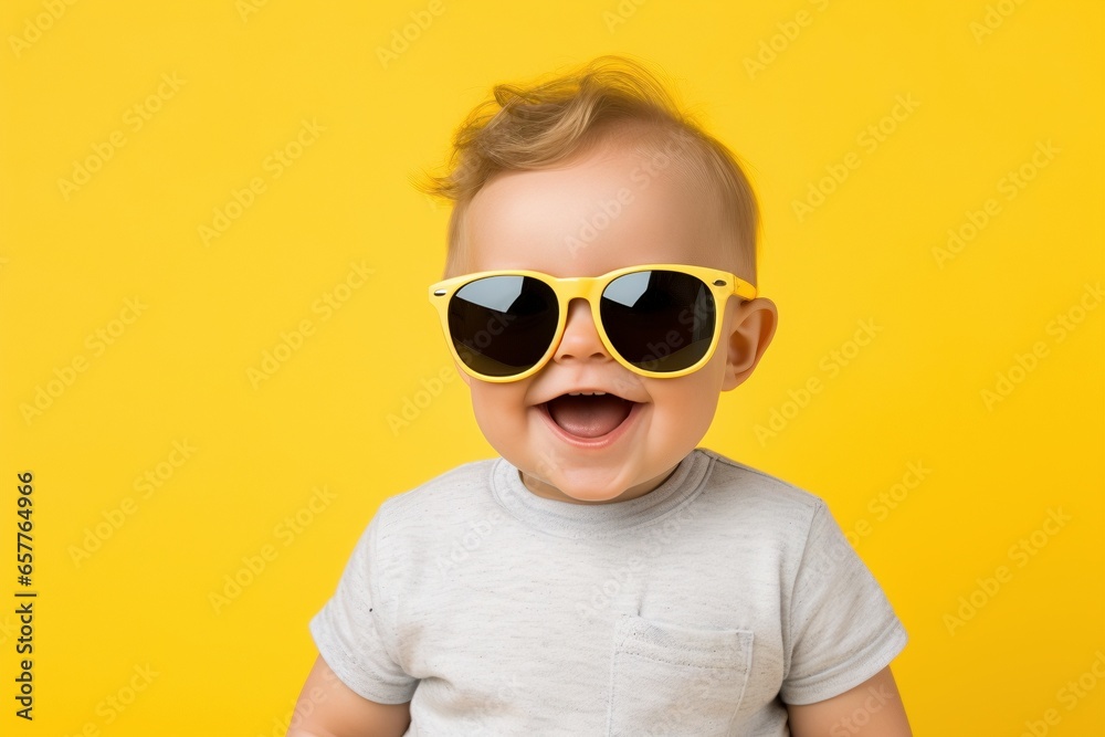 Tiny Trendsetter: Surprised Baby Boy Stylishly Posing in Cool Sunglasses with Innocence and Wonder Tiny Trendsetter: Surprised Baby Boy Stylishly Posing in Cool Sunglasses with Innocence and Wonder