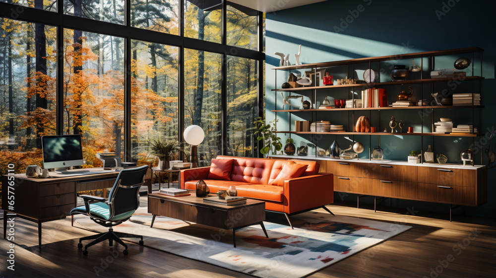 Naklejka premium Interior of living room with green houseplants and sofas