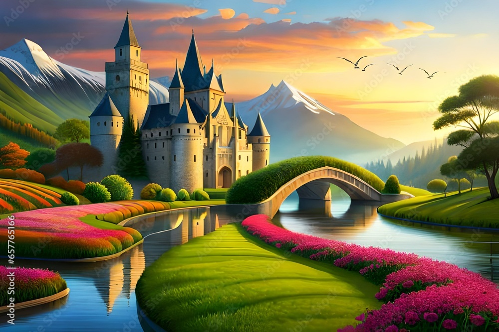 A land of paradise with beautiful gardens, castles, flowers and magical fairies.  background with many flowers in Eden - obrazy, fototapety, plakaty 