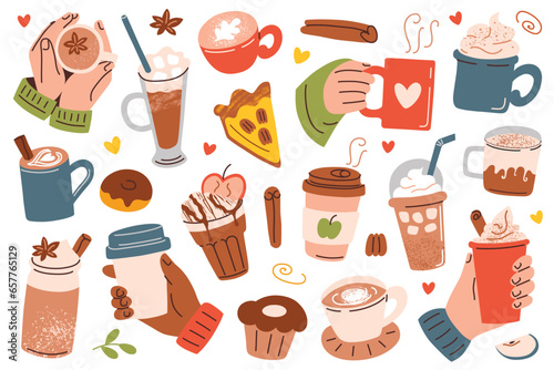 Coffee cups and mugs hand drawn collection, doodle icons of latte, cappuccino and cold brew coffee, vector illustrations of desserts and beverages, cozy fall and winter mood, hands with coffee